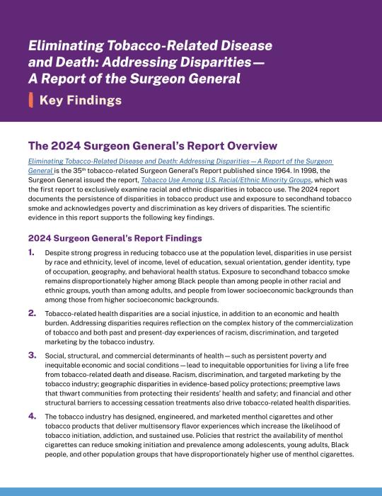 2024 Eliminating Tobacco-Related Disease and Death: Addressing Disparities – A Report of the Surgeon General - Key Findings, English