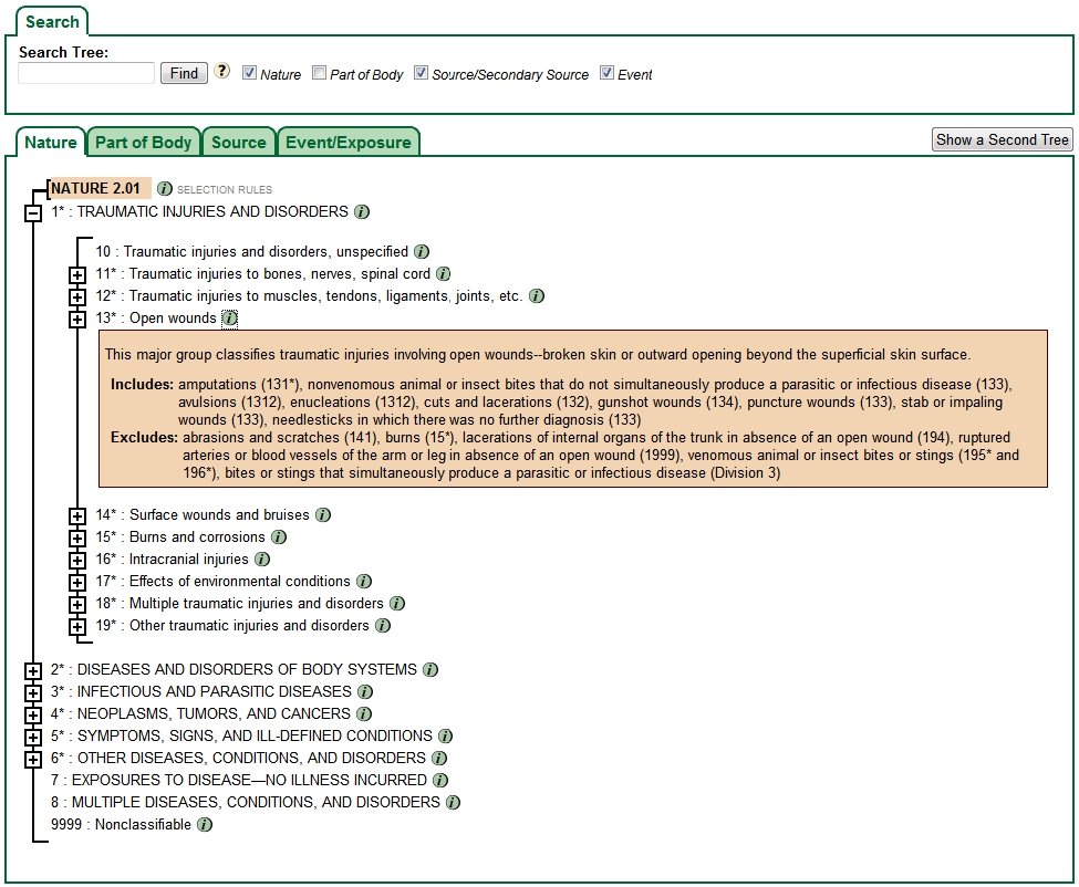 Nature tree view with 'Traumatic Injuries and Disorders' branch expanded one level and information for 'Open wounds' displayed. Click to toggle 'info' on and off.